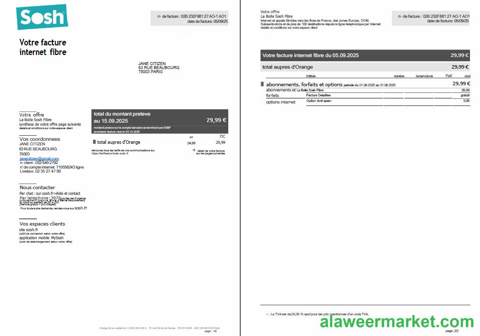 France Sosh utility bill template in Word and PDF formats, 2 pages